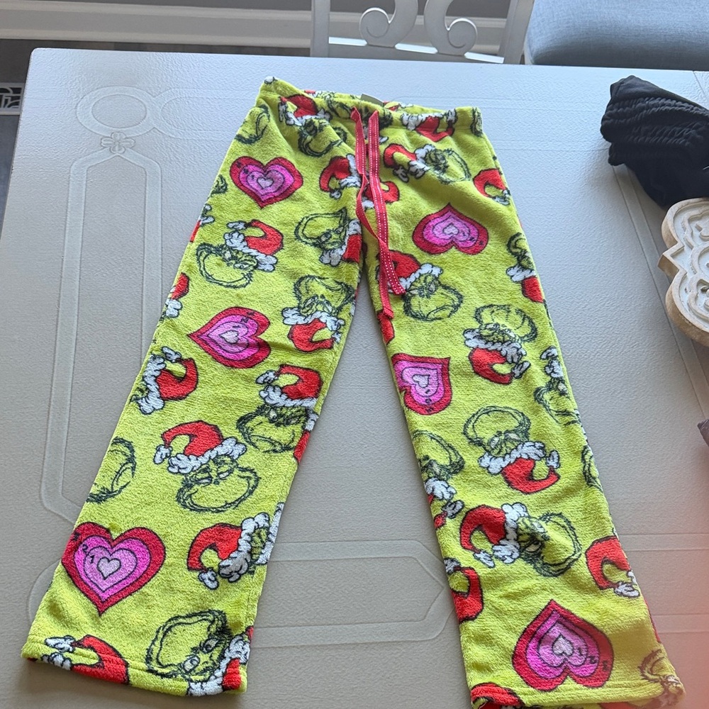 Lime Grinch Heart Fleece Pajama Pants